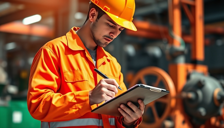 Worker in orange uniform holding clipboard in industrial setting.