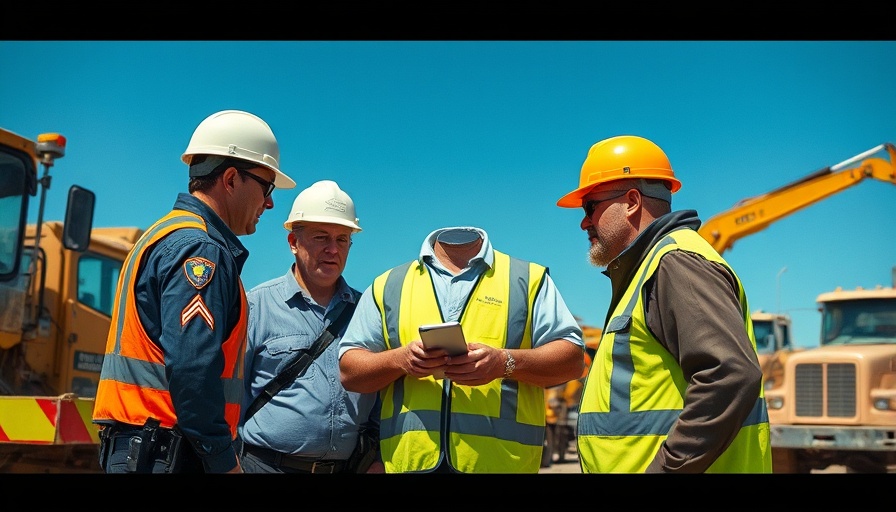 Scene of immigration raid at Alabama construction site with officers and workers.
