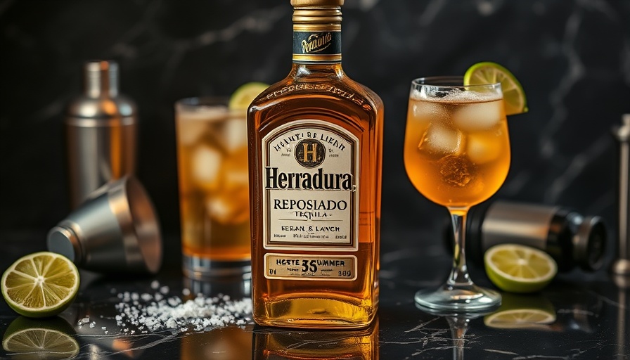Herradura Reposado tequila with summer cocktails on marble counter.