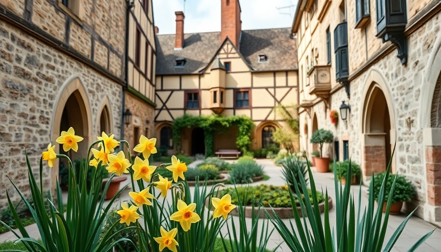Charming medieval courtyard with blooming daffodils for AI travel planning.