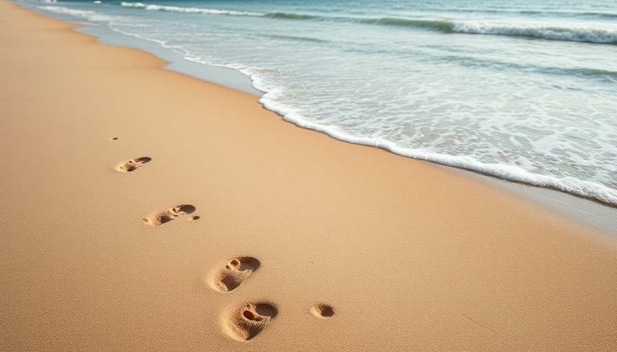 Sandy beach with footprints and waves, perfect for vacation design hacks.