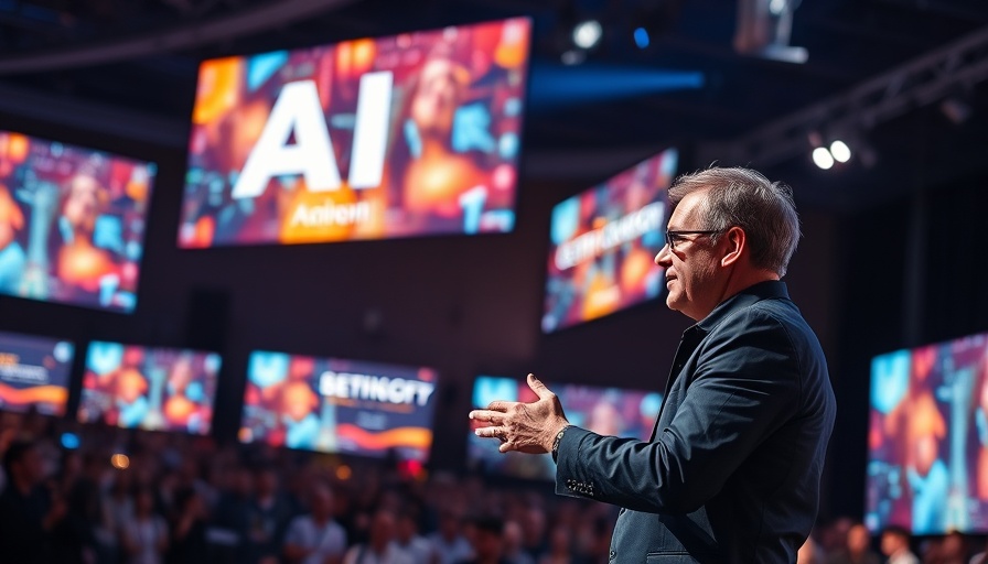Interactive speaker on AI talent recruitment stage with branding.