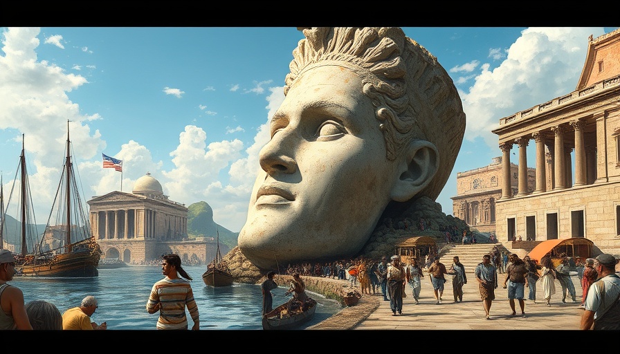 Historic illustration depicting the impact of war on a bustling ancient community.