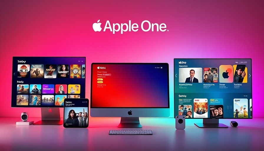 Apple One subscription plans displayed across multiple devices with colorful background.