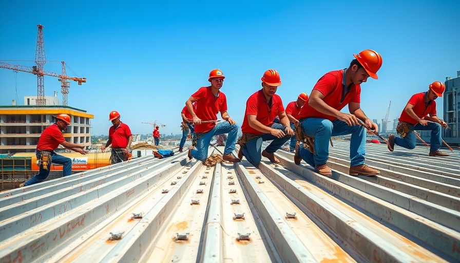 Construction workers on a metal roof symbolizing industry job growth in June 2023.