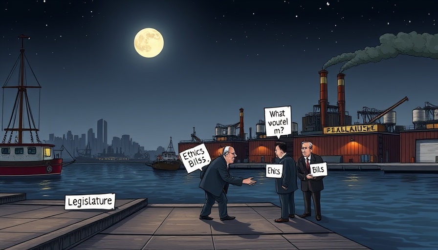 Humorous cartoon on Texas legislature issues, night dock scene.