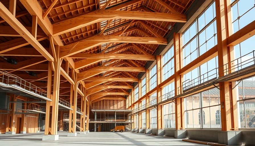 Modern mass timber corporate campus under construction with large wooden beams.