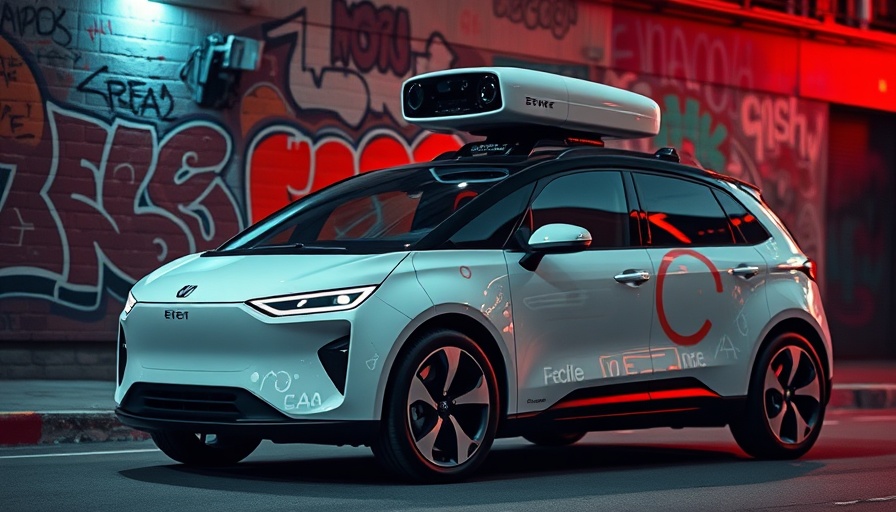 GM Cruise car testing technology in graffiti-covered urban street.