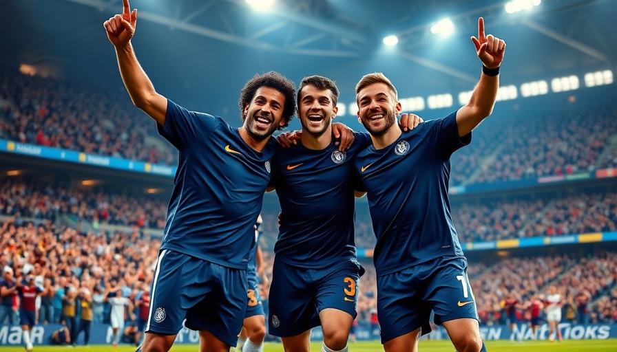 PSG players celebrating during a Champions League match, displaying unity and joy.