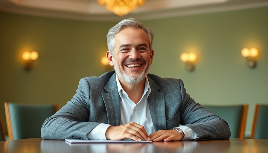 Smiling middle-aged man at a business conference table with Mark Casso Construction Leadership theme.
