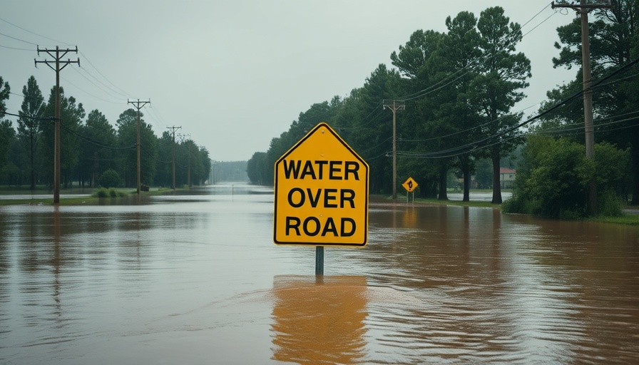 Texas flooding disaster: flooded road with warning sign.