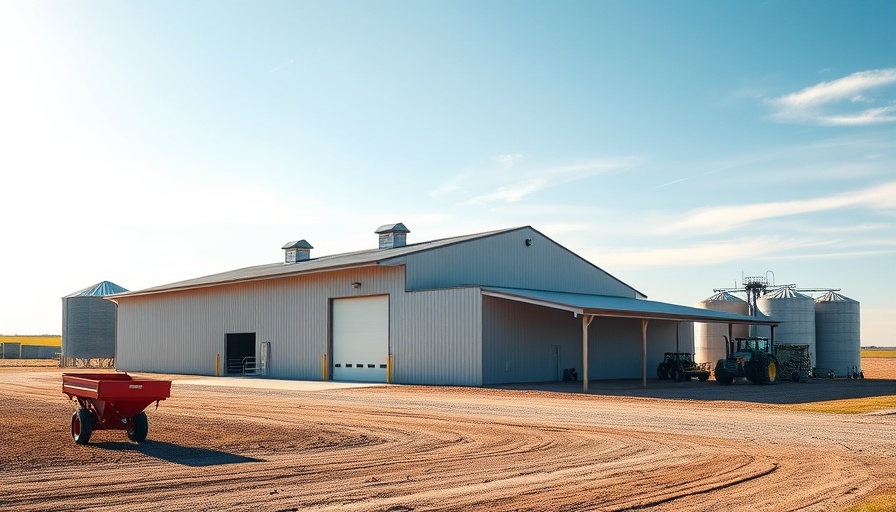 Modern pole barn on farm with grain silos and machinery.