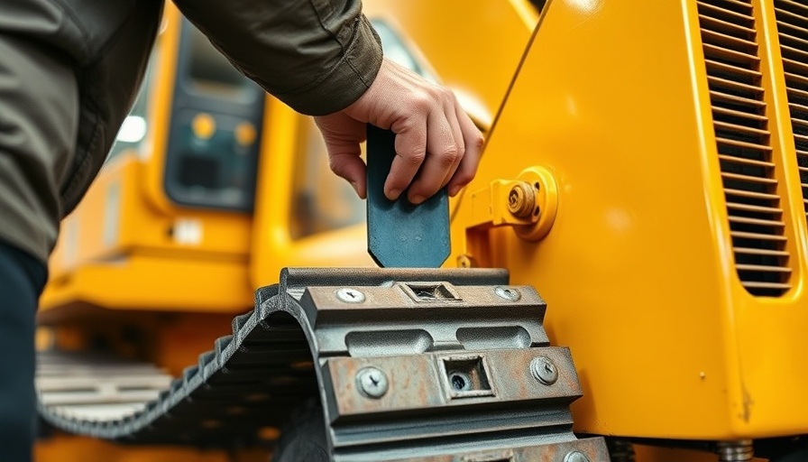 Technician installing track on yellow construction vehicle in workshop.