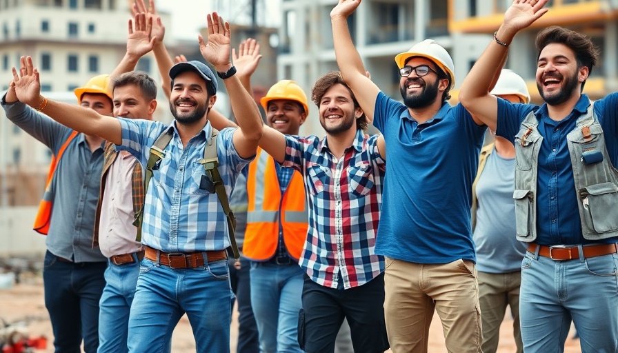 Construction workers doing group exercises for health and safety.