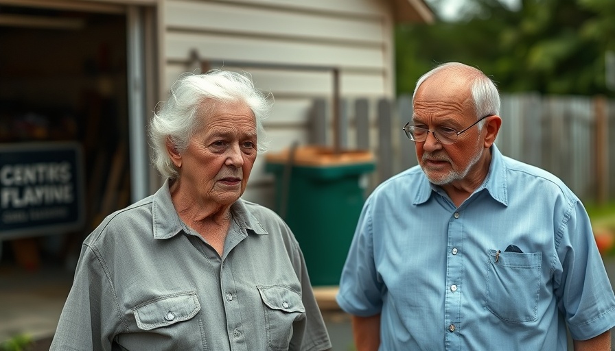 Concerned elderly couple discussing Central Texas flood relief near a garage.
