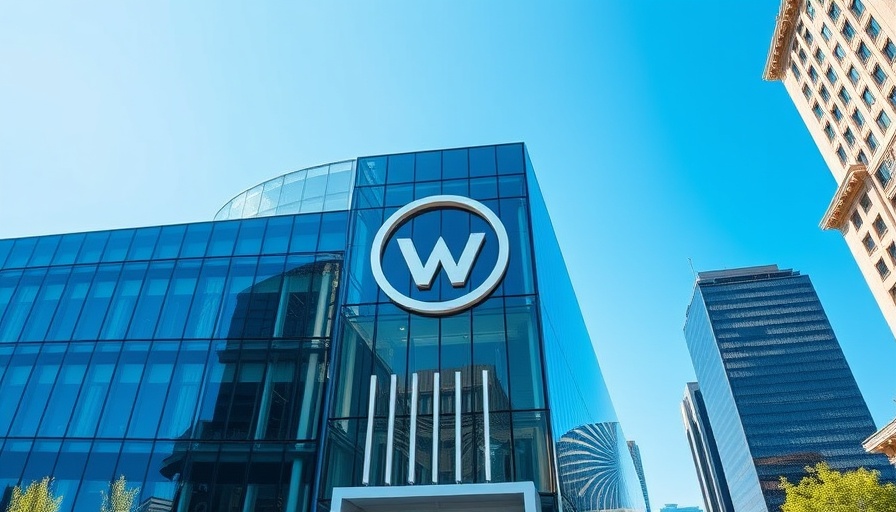 Corporate building facade with glass windows reflecting sky.