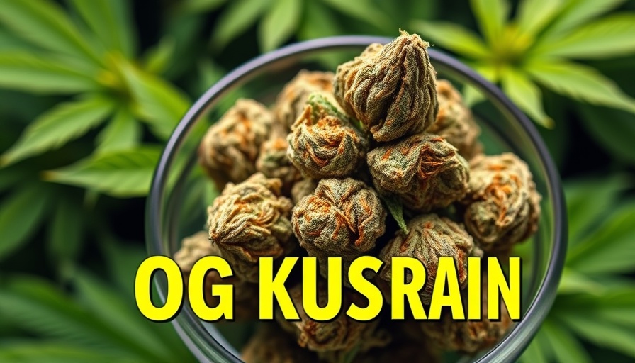 OG Kush cannabis buds in a bowl with text on green background.