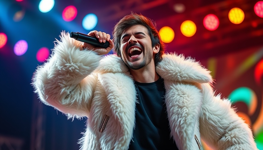Energetic performer singing passionately on stage, vibrant visual, Benson Boone’s single rising.