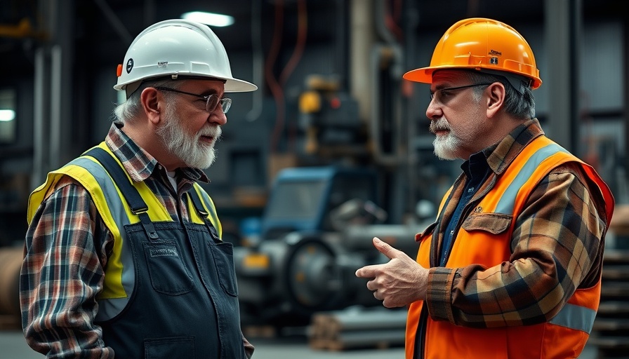 Older and younger male workers in safety gear discussing tasks in a factory setting.