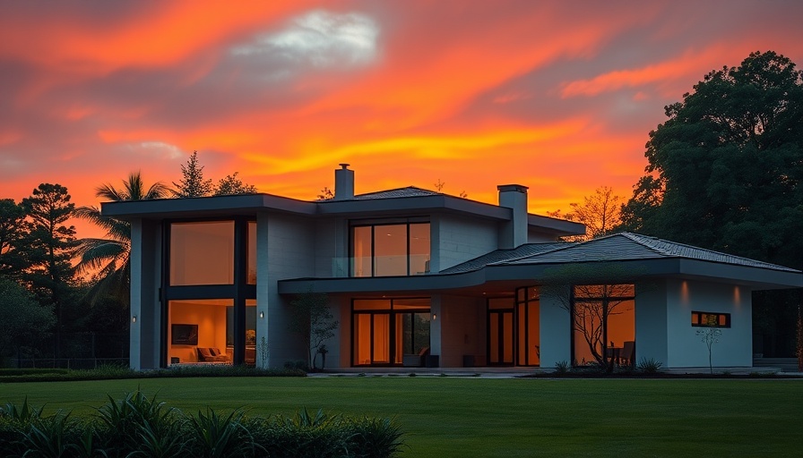 Luxury home finishes highlighted in modern house exterior at sunset.