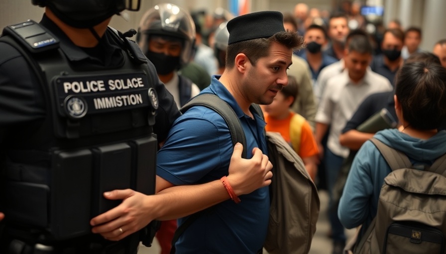 Immigration crackdown scene with officer detaining a person.