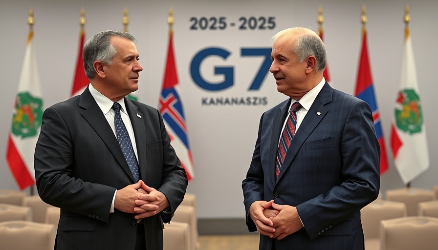 Two men discussing impacts in G7 2025 conference setting.
