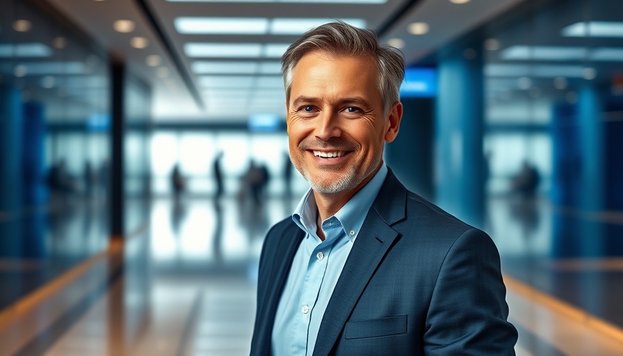 Professional man smiling confidently in blue-themed office.