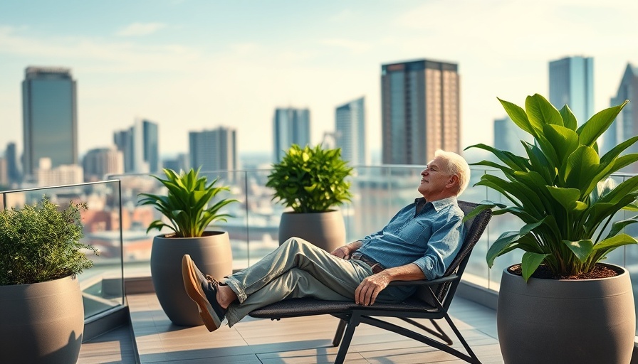 High-Rise Living in Fort Worth: Man relaxing on rooftop terrace with city view.