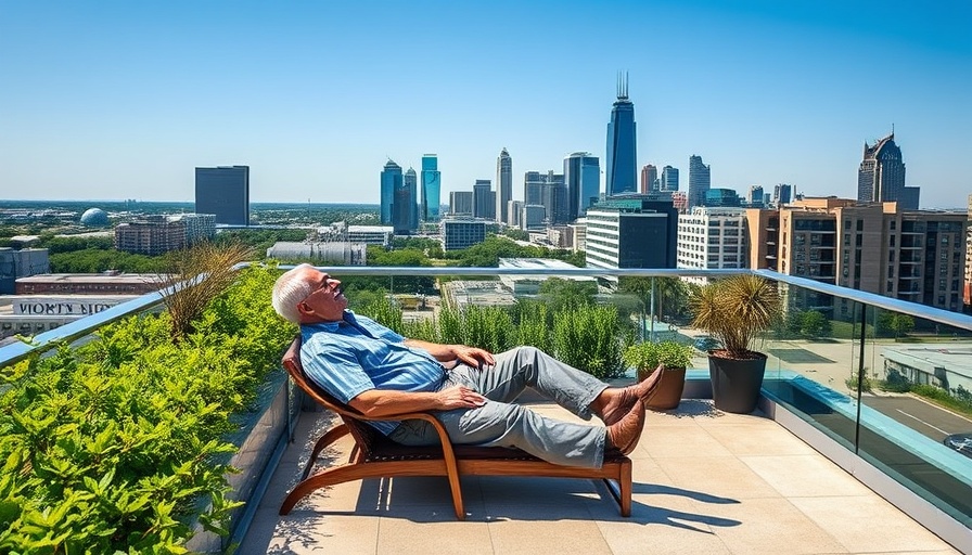 Senior man enjoying high-rise living in Fort Worth on a rooftop terrace.