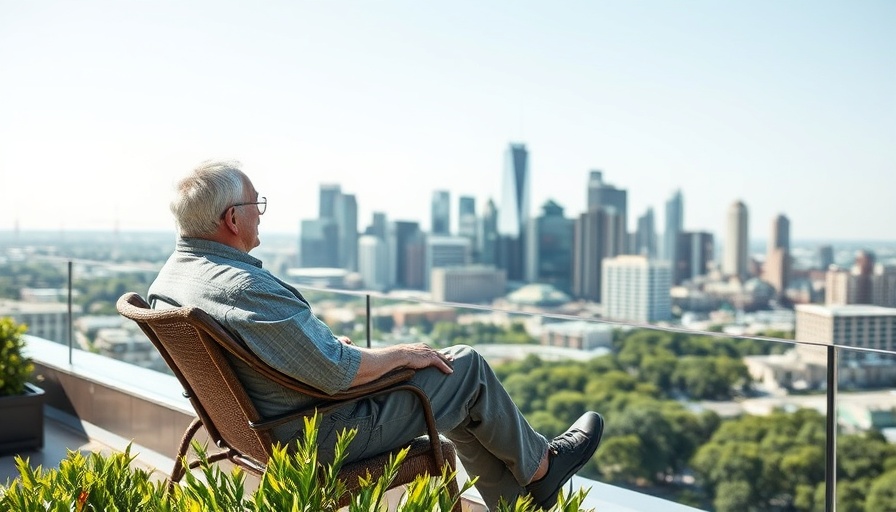 High-rise living in Fort Worth: man enjoying rooftop city view.