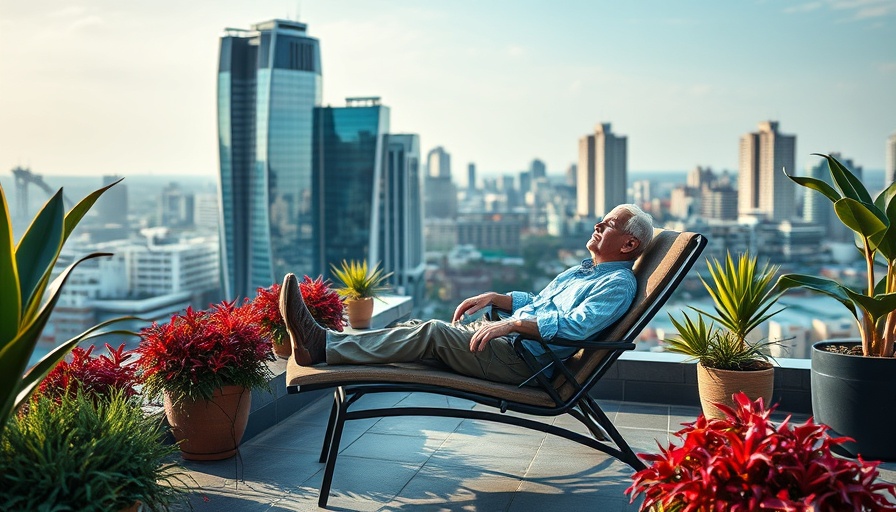 High-rise living in Fort Worth: man relaxing on rooftop patio.