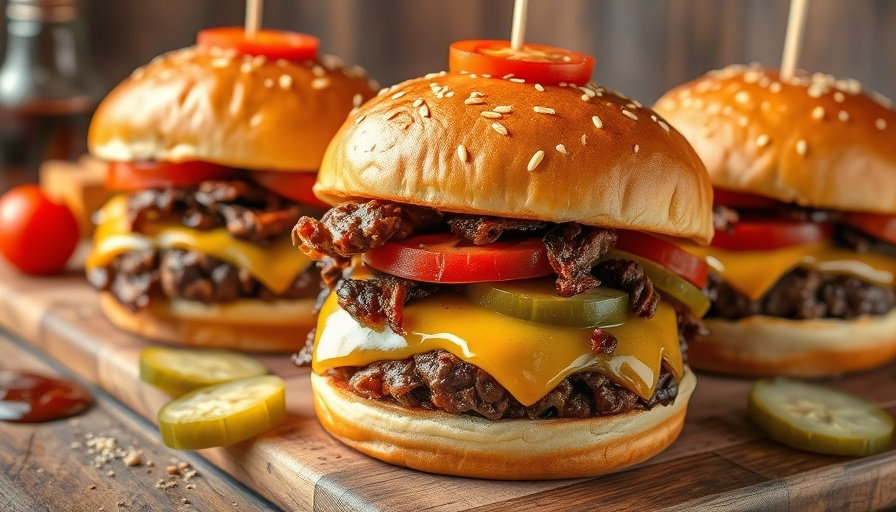 Two BBQ Brisket Whoppers on a wooden table.