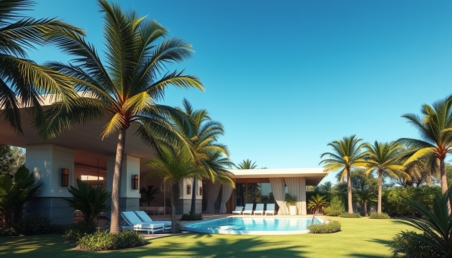 Modern wellness spa facility with palm trees and clear skies.