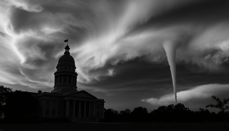 Historic Texas building under stormy sky, tornado funnel visible.