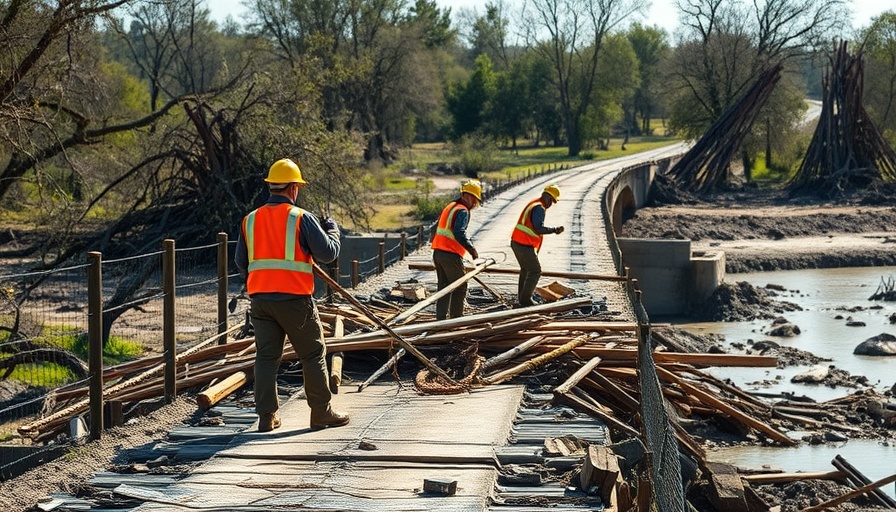 Workers clearing flood debris in Texas for risk mapping.