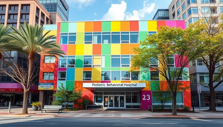 Colorful pediatric behavioral hospital exterior in urban setting.