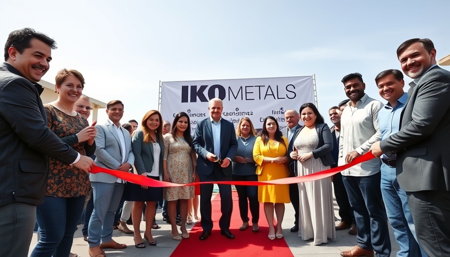Texas Metal Roofing Plant ribbon-cutting ceremony with attendees outside.