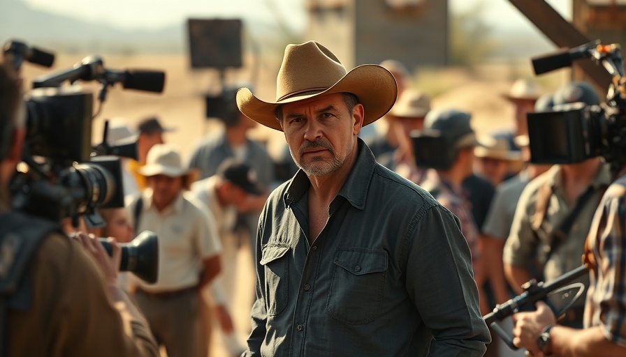 Film crew in action on set with cowboy hat director.