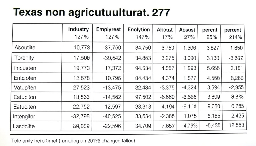 Texas Labor Force Growth data table showing employment changes by industry.
