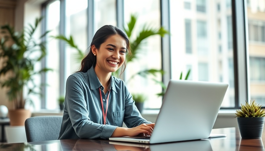 Smiling woman using laptop for embedded payments in trade services.
