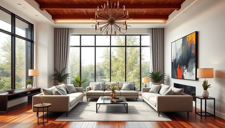 Modern living room with Tivoli Lighting Inspire Chandelier.