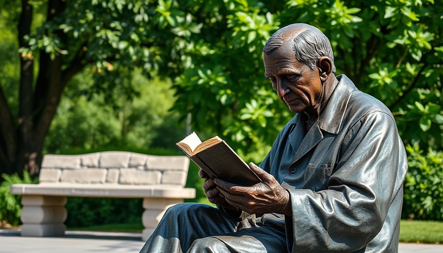 Bronze statue representing broad-based education, surrounded by greenery.