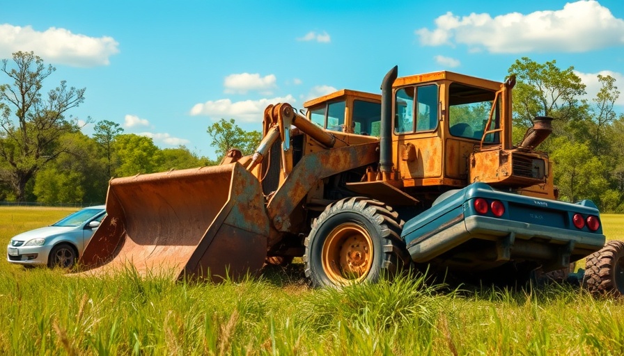 Rusted armored bulldozer crushing cars, Recreating the Killdozer scene.