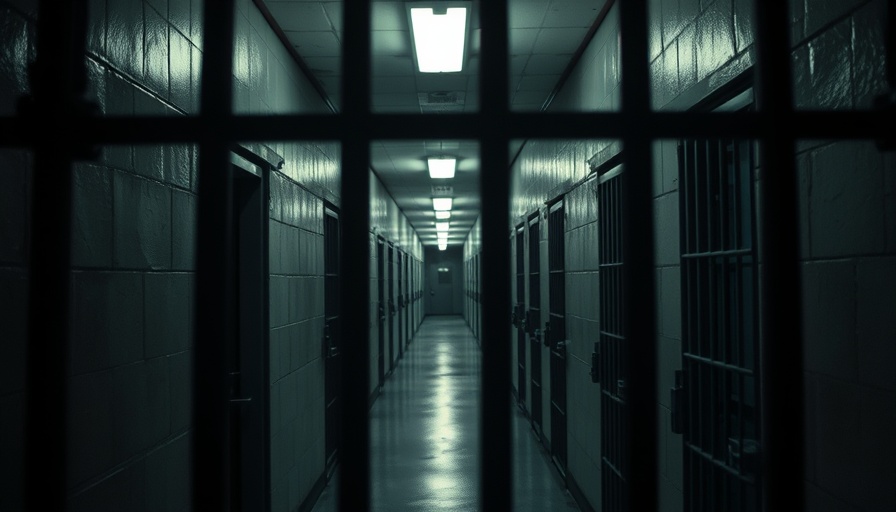 Dim prison corridor viewed through bars, cell doors lining hall.