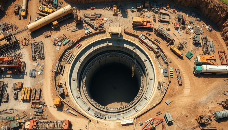 Aerial view of LA tunnel construction site with machinery.