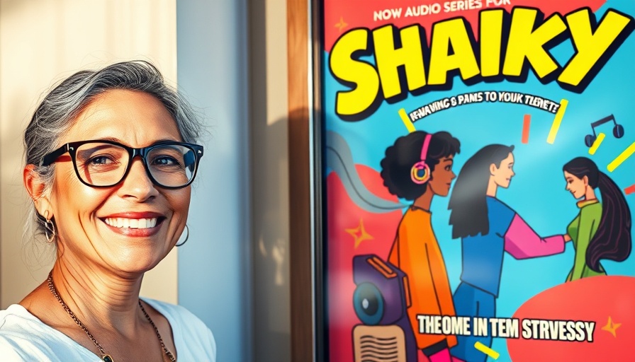 Smiling woman next to 'Shaky' audio series poster about disabled life.