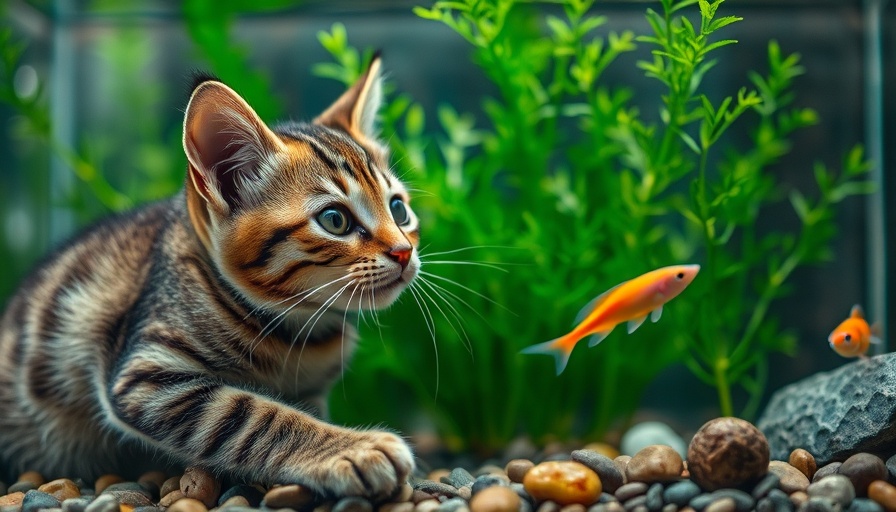 Curious cat at aquarium, observing fish in colorful tank.