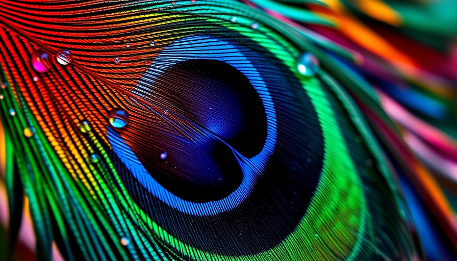Colorful peacock feather close-up with water droplets