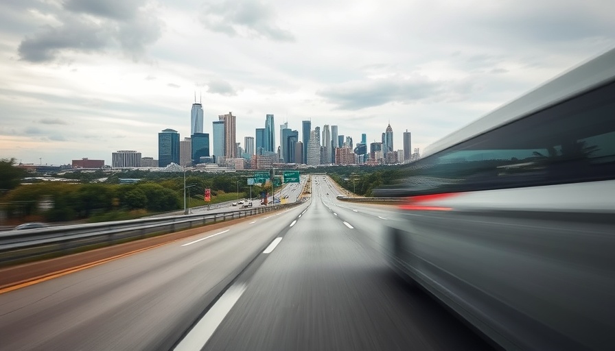 Dynamic highway scene with city skyline, car speeding by, Fort Worth.