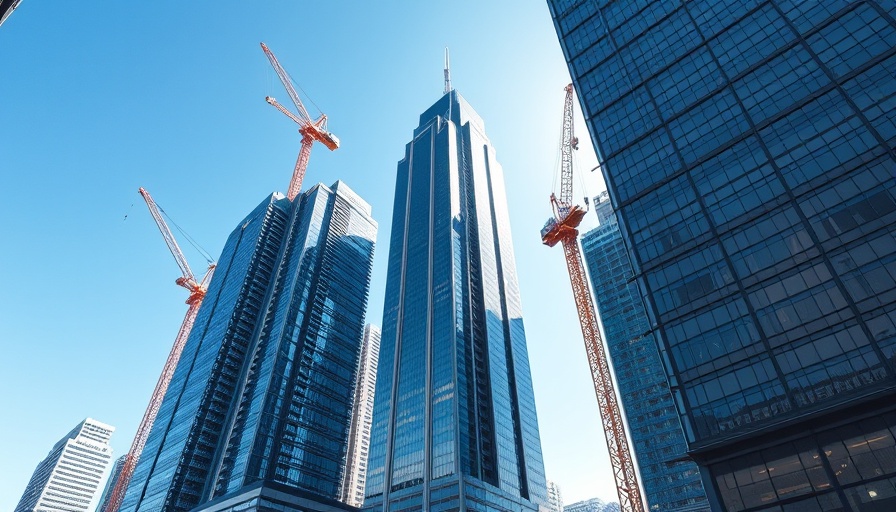 Urban skyscraper construction under bright sky, highlighting nonresidential construction spending decline.